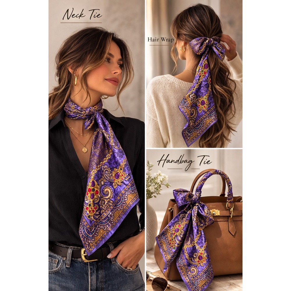 Purple Silk Square Scarf Paisley Baroque Gold Chain Jewel Print 34x34 Accessory